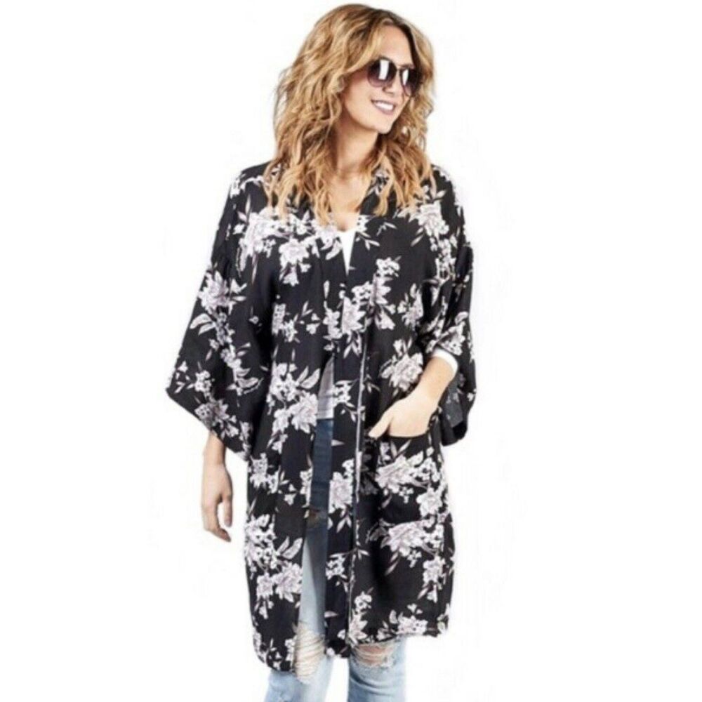 Spiritual Gangster Womens Kimono One Size Duster Black Floral Maya Shrug Boho